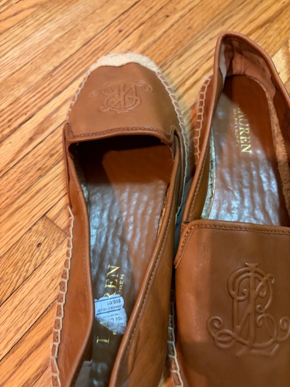 Lauren Ralph Lauren Brown Leather Espadrille Loafers with Embossed RL